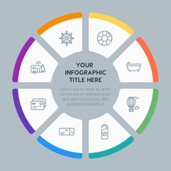 Circle chart hotel, shopping, travel infographic template with 8 options for presentations, advertising, annual reports