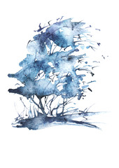 Blue, purple tree, bush watercolor. On an isolated white background. Blue abstract spot, blot, splash. Ecological abstract art illustration. watercolor landscape. Postcard, card. 