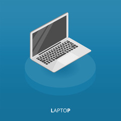Isometric laptop placed on a round pedestal. Laptop, computer symbol, opened mobile computer, Vector illustration