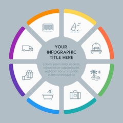 Circle chart hotel, shopping, travel infographic template with 8 options for presentations, advertising, annual reports