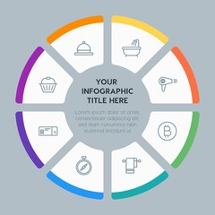Circle chart hotel, shopping, travel infographic template with 8 options for presentations, advertising, annual reports