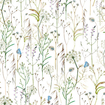 Seamless Watercolor Pattern With Blue Butterflies And Wildflowers On A White Background.