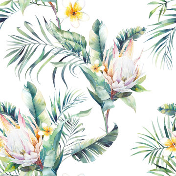 Watercolor exotic seamless pattern. Repeating texture with plants, tropical bouquet: palm tree branches, protea, banana leaves, frangipani flower. Summer wallpaper design