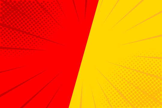 Pop Art Retro Comic. Yellow And Red Background. Versus Lightning Blast Halftone Dots. Cartoon Vs. Vector