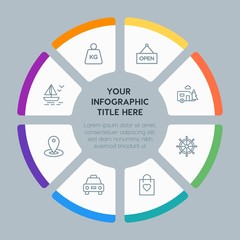 Circle chart hotel, shopping, travel infographic template with 8 options for presentations, advertising, annual reports
