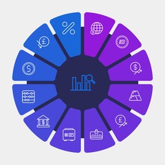 business, money, charts Infographic Circle outline Icons Set. Contains such Icons as  percent,  buy,  education,  banking,  count,  coin,  global,  offer,  data and more. Fully Editable. Pixel Perfect
