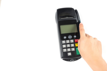 Obraz premium Close up man’s hand swiping credit card with credit card machine for shopping payment isolated on white background.