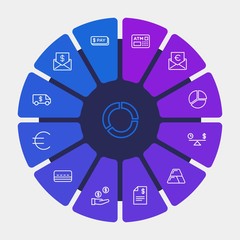 business, money, charts Infographic Circle outline Icons Set. Contains such Icons as  laptop,  receipt,  money, card,  business,  machine, financial, salary and more. Fully Editable. Pixel Perfect