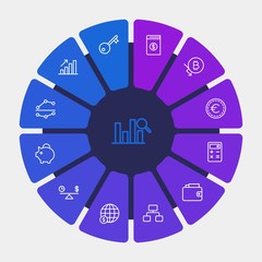 business, money, charts Infographic Circle outline Icons Set. Contains such Icons as  home,  euro,  button,  balance,  cash, exposure,  report,  finance,  dots and more. Fully Editable. Pixel Perfect