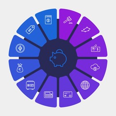 business, money, charts Infographic Circle outline Icons Set. Contains such Icons as  cash,  justice,  pay,  business,  success,  map,  digital,  payment, safe and more. Fully Editable. Pixel Perfect