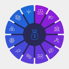 business, money, charts Infographic Circle outline Icons Set. Contains such Icons as  dots,  network,  money,  legal, exposure,  finance,  chart,  double, money and more. Fully Editable. Pixel Perfect