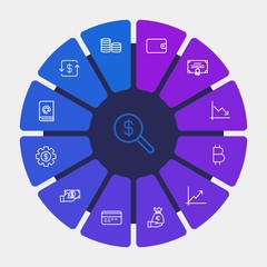 business, money, charts Infographic Circle outline Icons Set. Contains such Icons as  finance,  search,  template,  coin, growth,  pay,  bank,  award,  message and more. Fully Editable. Pixel Perfect