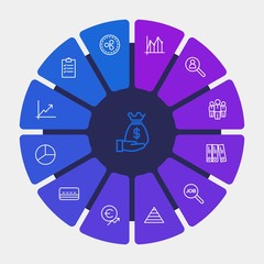 business, money, charts Infographic Circle outline Icons Set. Contains such Icons as  employment,  pyramid,  check,  concept, card,  business,  paying,  credit and more. Fully Editable. Pixel Perfect