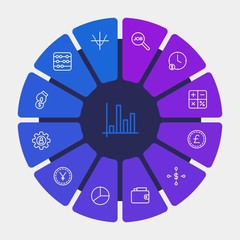business, money, charts Infographic Circle outline Icons Set. Contains such Icons as  financial,  diagram,  coin, job, parabola,  network, currency,  user, time and more. Fully Editable. Pixel Perfect