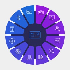 business, money, charts Infographic Circle outline Icons Set. Contains such Icons as  internet, increase,  career,  graph,  credit,  usd, currency,  financial and more. Fully Editable. Pixel Perfect