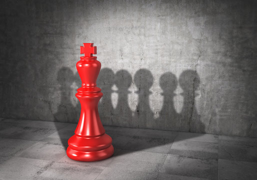 Team concept. Force of teamwork. Democracy. Chess king cast shadow in form of pawn group. 3d illustration