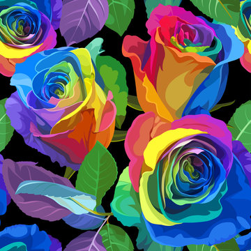 Seamless Pattern - Multicolored Roses on White Background.
