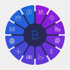 business, money, charts Infographic Circle outline Icons Set. Contains such Icons as  world, sale,  payment, business,  globe,  business, portfolio,  banner and more. Fully Editable. Pixel Perfect
