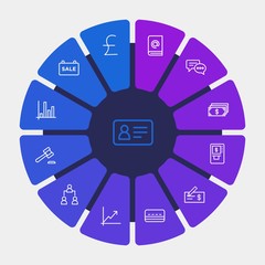 business, money, charts Infographic Circle outline Icons Set. Contains such Icons as  document,  organization, chat,  paying, passport,  banking,  banner, court and more. Fully Editable. Pixel Perfect