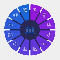 business, money, charts Infographic Circle outline Icons Set. Contains such Icons as  investment,  action,  earth, bitcoin,  loud,  bubble,  bar,  banking,  pie and more. Fully Editable. Pixel Perfect