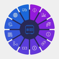 business, money, charts Infographic Circle outline Icons Set. Contains such Icons as bank,  success,  savings, office,  investment,  folder,  currency,  price,  and more. Fully Editable. Pixel Perfect