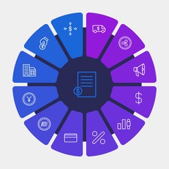 business, money, charts Infographic Circle outline Icons Set. Contains such Icons as  cash,  internet,  office,  wealth,  success,  bank,  expert, money,  sale and more. Fully Editable. Pixel Perfect