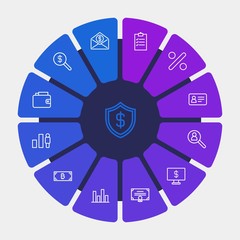 business, money, charts Infographic Circle outline Icons Set. Contains such Icons as  internet,  success, passport, diploma,  vacancy,  search,  investment,  id and more. Fully Editable. Pixel Perfect