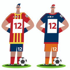 Fototapeta premium Two stylized football or soccer players from different teams stand in sporty uniform with balls. Front face full body view. White background. Cartoon style