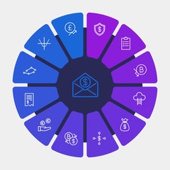 business, money, charts Infographic Circle outline Icons Set. Contains such Icons as  list,  success, exposure,  growth,  chart, sack,  diagram, money, business and more. Fully Editable. Pixel Perfect