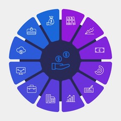 business, money, charts Infographic Circle outline Icons Set. Contains such Icons as  pay,  briefcase,  dollar, portfolio,  circle,  success,  graph,  computer and more. Fully Editable. Pixel Perfect