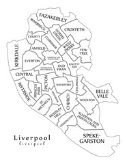 Modern City Map - Liverpool city of England with wards and titles UK outline map