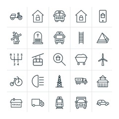 Modern Simple Set of transports, industry, buildings Vector outline Icons. Contains such Icons as school, train, tram,  hatchback, motorbike and more on white background. Fully Editable. Pixel Perfect