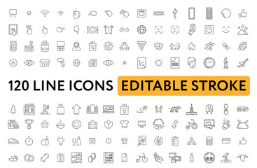 Fototapeta premium Big Set of Miscellaneous Lifestyle Line Icons. Editable Stroke. Finger Touch, Smartphone, Trade, Courier, Bicycle, Seagull, Happy Face, Cash Machine, Chain Stores, Clothing, Tiger.