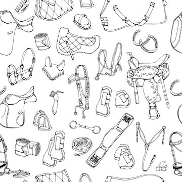 Group of vector illustrations on the theme horse ammunition; pattern of isolated objects for equestrian sport and care.