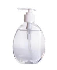 Transparent Plastic Bottle with liquid soap on a white background.