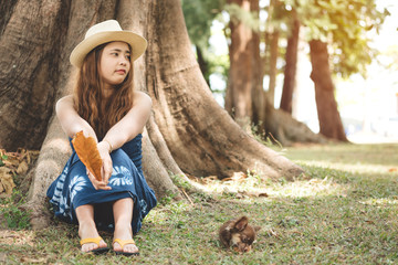 Young and happy woman wear straw hat and sandals sitting in park with cute chihuahua dog playing on green grass and big tree and sunshine.
