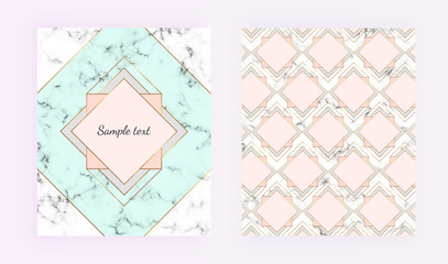 Modern minimalist geometric designs with marble texture, polygonal frame and gold lines border. Trendy template for design banner, card, flyer, invitation, party, birthday, wedding, placard