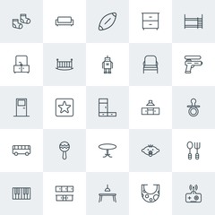 Modern Simple Set of furniture, kids and toys Vector outline Icons. Contains such Icons as  bib, baby,  alphabet,  cube,  baby,  kitchen and more on white background. Fully Editable. Pixel Perfect.
