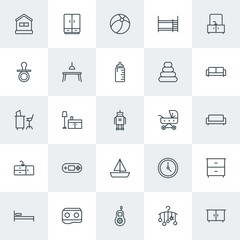 Modern Simple Set of furniture, kids and toys Vector outline Icons. Contains such Icons as house, bunk,  cardboard,  timer,  interior,  bed and more on white background. Fully Editable. Pixel Perfect.