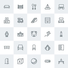 Modern Simple Set of furniture, kids and toys Vector outline Icons. Contains such Icons as bed,  gaming, closet, sofa,  wardrobe, boat, abc and more on white background. Fully Editable. Pixel Perfect.