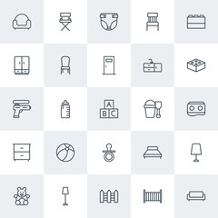 Modern Simple Set of furniture, kids and toys Vector outline Icons. Contains such Icons as  drink,  bed,  abstract, furniture, bed,  beauty and more on white background. Fully Editable. Pixel Perfect.