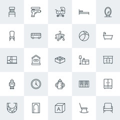 Modern Simple Set of furniture, kids and toys Vector outline Icons. Contains such Icons as  interior, house,  wardrobe,  bib,  keyboard,  and more on white background. Fully Editable. Pixel Perfect.