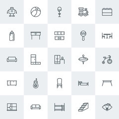 Modern Simple Set of furniture, kids and toys Vector outline Icons. Contains such Icons as  clothing,  childhood, droid,  car, toy, bunk and more on white background. Fully Editable. Pixel Perfect.