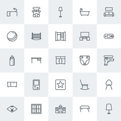 Modern Simple Set of furniture, kids and toys Vector outline Icons. Contains such Icons as  desk, chair,  dark,  relax,  kid,  interior and more on white background. Fully Editable. Pixel Perfect.