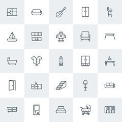 Modern Simple Set of furniture, kids and toys Vector outline Icons. Contains such Icons as  curtain,  stool,  window, piano,  musical,  boy and more on white background. Fully Editable. Pixel Perfect.