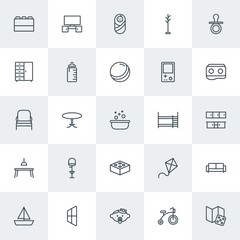 Fototapeta premium Modern Simple Set of furniture, kids and toys Vector outline Icons. Contains such Icons as toy, couch, conference, play, nipple, table and more on white background. Fully Editable. Pixel Perfect.