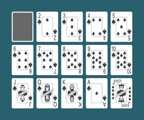 Playing cards of Spades suit and back on Blue background