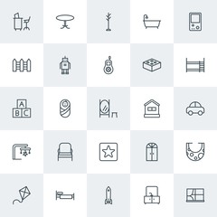 Modern Simple Set of furniture, kids and toys Vector outline Icons. Contains such Icons as  interior,  travel, table,  discussion,  toy and more on white background. Fully Editable. Pixel Perfect.