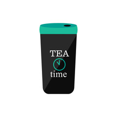 Vector Illustration. The thermo mug with tea for morning or travelling. Tea time cup take away. Green clock icon