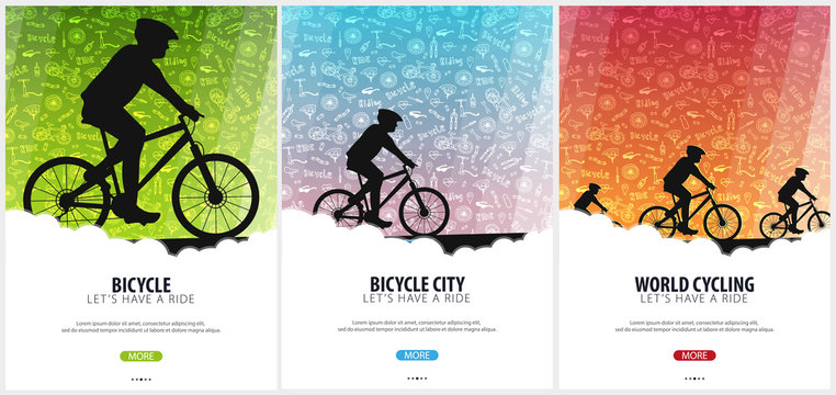 Set of Bicycle riding poster with doodle background. Sport, active lifestyle. Vector illustration